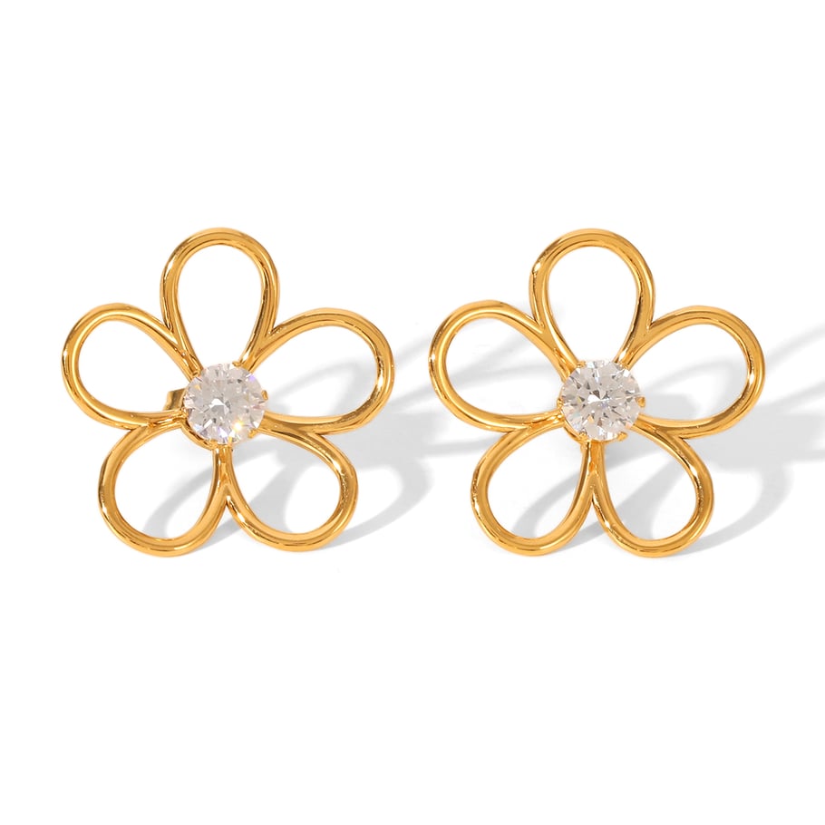 1 Paar Ohrstecker mit Blumen-Design aus Edelstahl in Goldfarbe und Zirkonia 