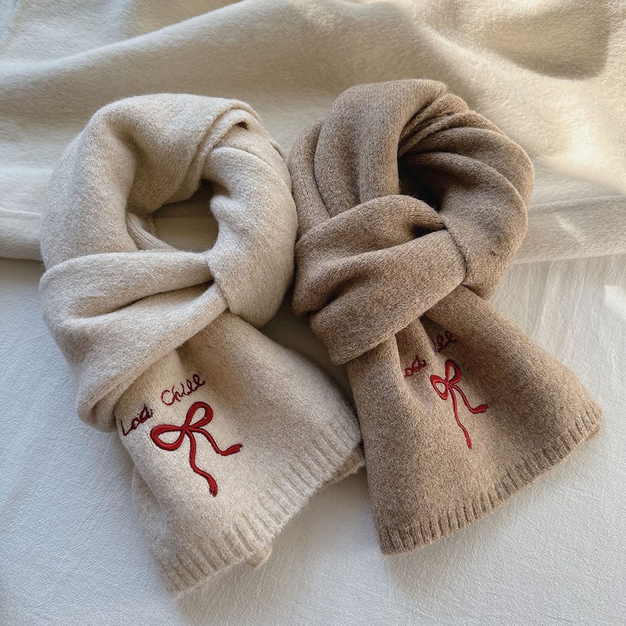 1 Piece Solid Color Embroidered Bow Knot Rayon & Wool Winter Scarf h5Picture3