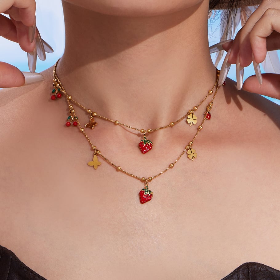 Parures de bijoux pour femmes en acier inoxydable couleur or et zircone, motif fraise vive h5Image4