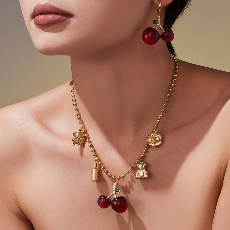 Parures de bijoux pour femmes en acier inoxydable et zircon couleur or Sweet Cherry h5Image3