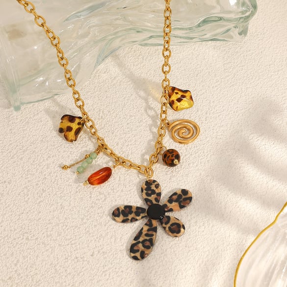 1 pezzo di collana con ciondolo da donna in acciaio inossidabile con stampa leopardata e fiori etnici