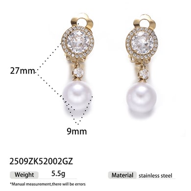 1 Pair Stainless Steel Gold Color Pearl Clip-On Earrings h5 