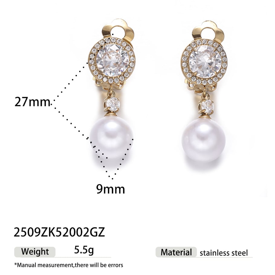 1 Pair Stainless Steel Gold Color Pearl Clip-On Earrings