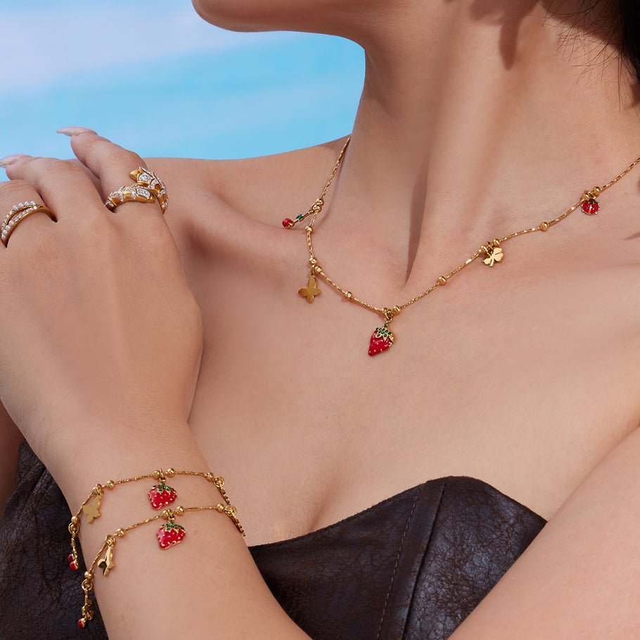Parures de bijoux pour femmes en acier inoxydable couleur or et zircone, motif fraise vive h5Image5