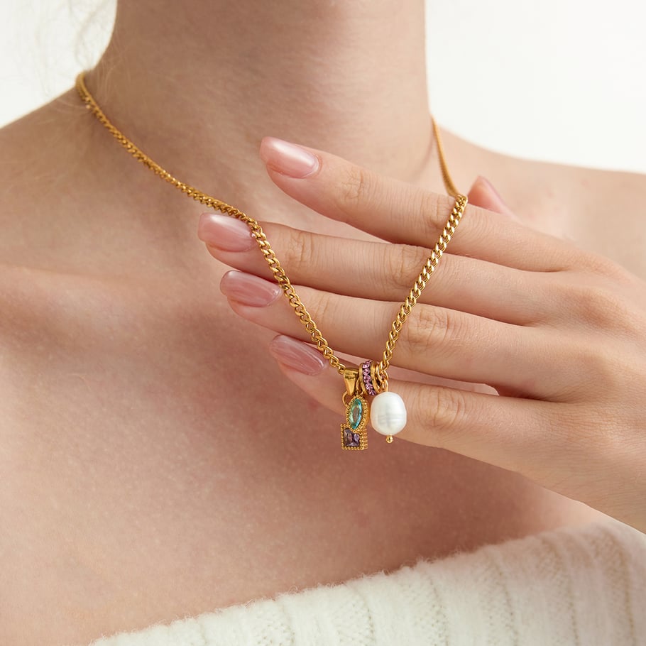 1 Piece Polychrome Rectangle Stainless Steel Gold Color Zircon Women's Pendant Necklaces Picture6