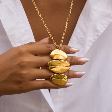Schlanke, unregelmäßige, ovale Schmucksets aus Edelstahl in Goldfarbe für Damen h5 Bild4