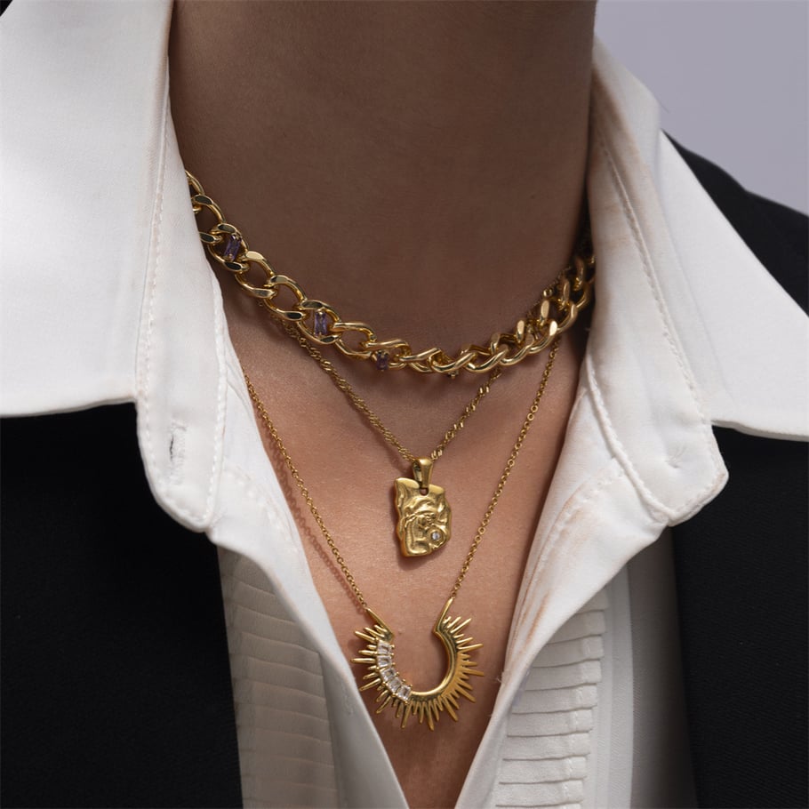 1 Piece Sun Shape Stainless Steel Gold Color Zircon Pendant Necklace h5Picture3