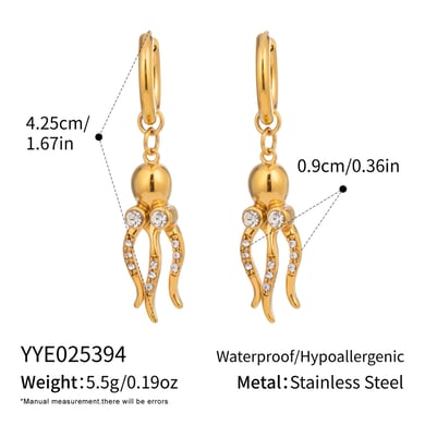1 par de pendientes colgantes de circonita de color dorado de acero inoxidable con forma de pulpo h5 