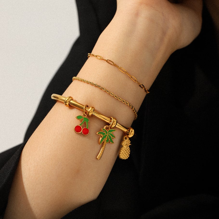 1 Piece Fruit Cherry Stainless Steel Gold Color Bangle h5Picture4