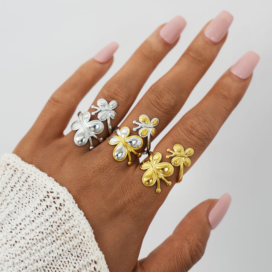 1 Piece Natural Butterfly Stainless Steel Gold Color Women's Statement Rings h5Picture5