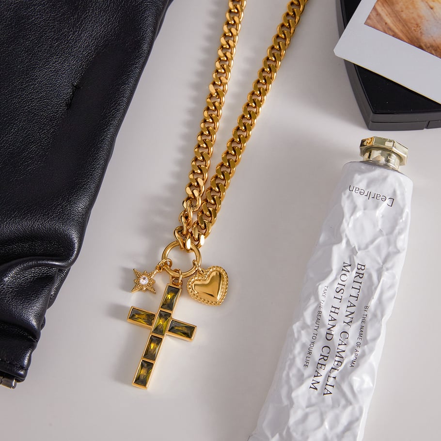 1 Stück luxuriöse Kreuz Grün Zirkon Edelstahl Gold Farbe Damen Anhänger Halsketten h5Bild4