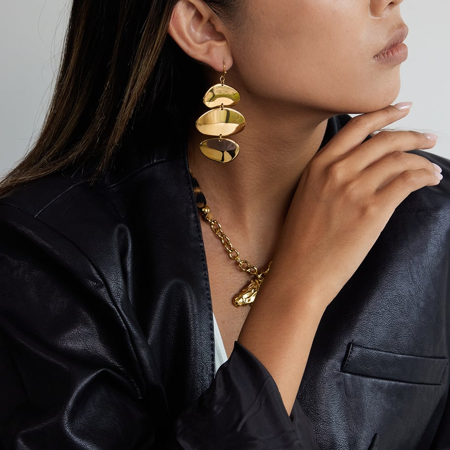 Schlanke, unregelmäßige, ovale Schmucksets aus Edelstahl in Goldfarbe für Damen h5Bild5