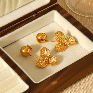 1 Paar baumelnde Ohrringe aus Edelstahl mit Blumenmotiv in Goldfarbe h5 Bild4