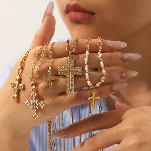 1 Piece Cross Stainless Steel Gold Color Zircon Pendant Necklace 2