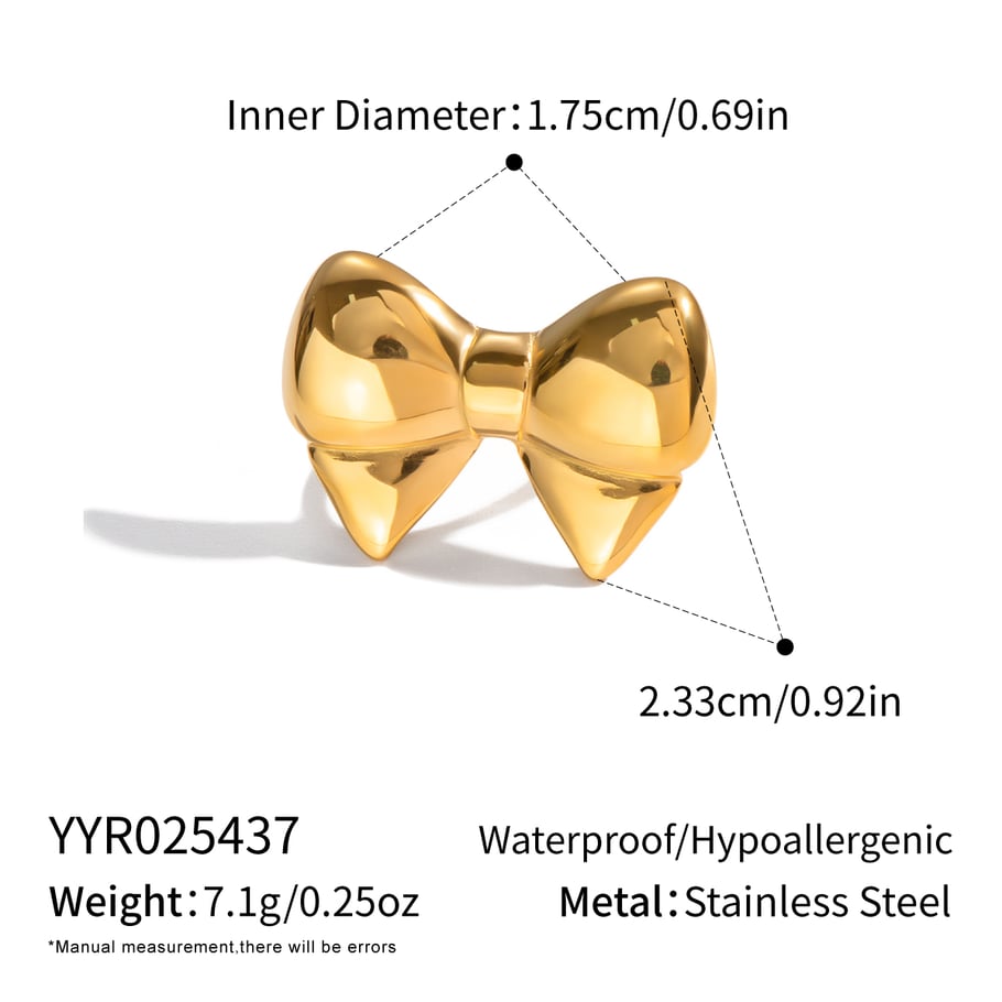Anillo llamativo de acero inoxidable color dorado con nudo de lazo dulce de 1 pieza