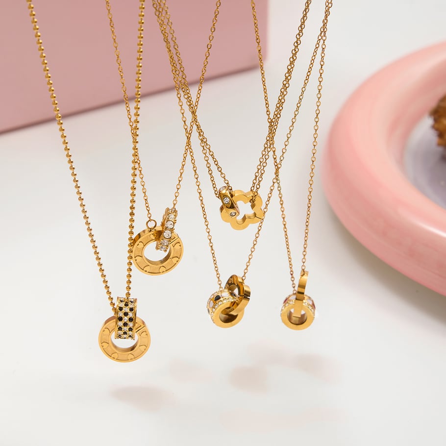 1 Stück luxuriöse Doppelkreis-Anhängerketten aus Edelstahl in Goldfarbe für Damen h5Bild4