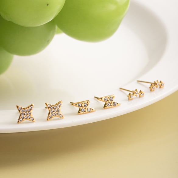 1 set klassieke ster roestvrij staal goudkleurige zirkoon dames oorbellen sets 2