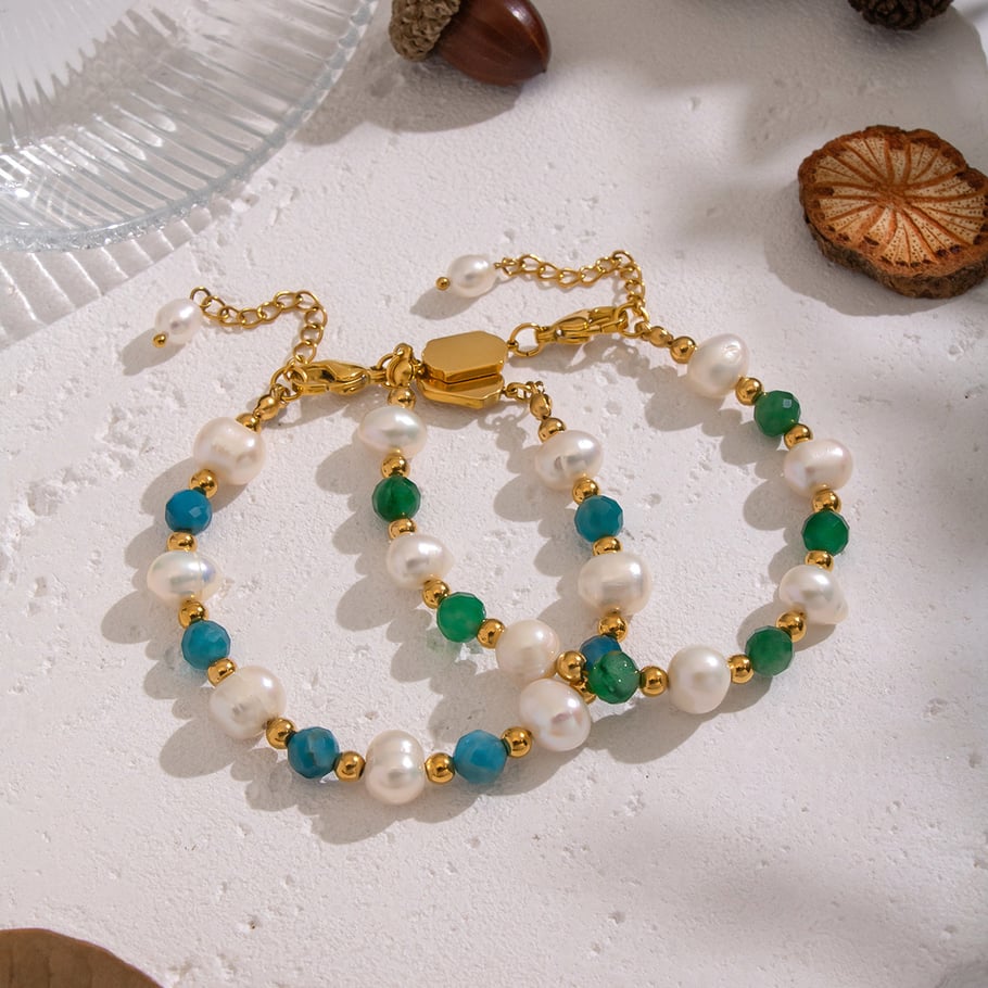 Pulsera elegante de acero inoxidable con cuentas de perlas y piedras naturales de 1 pieza h5Imagen4