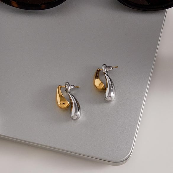 1 par de pendientes de botón de acero inoxidable con forma de gota en colores dorado y plateado para mujer