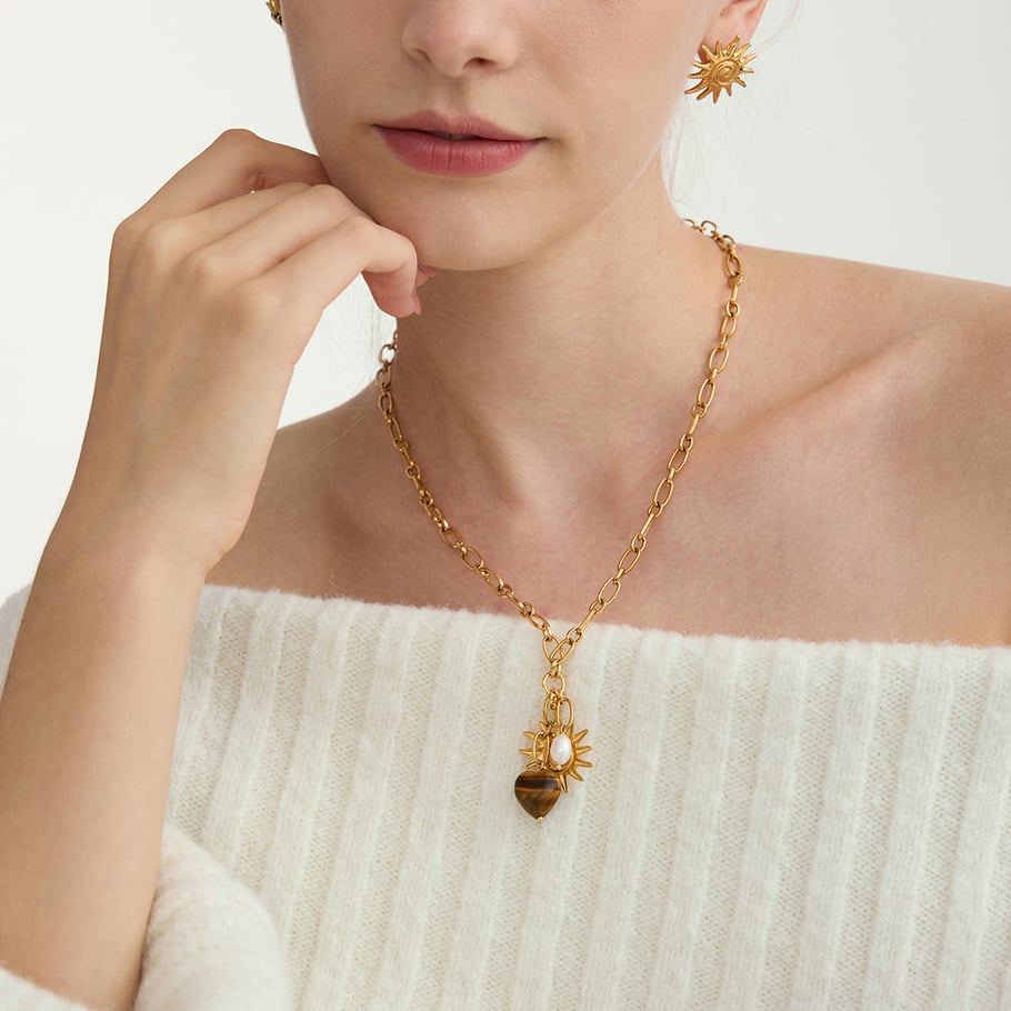 1 Piece Vintage Heart Stainless Steel Gold Color Natural Stone Women's Pendant Necklaces h5Picture4