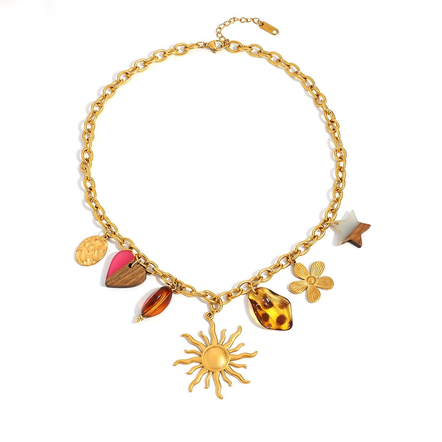 Collier avec pendentif en forme de cœur, de fleur, de soleil et d'étoile en acier inoxydable pour femme h5Image5