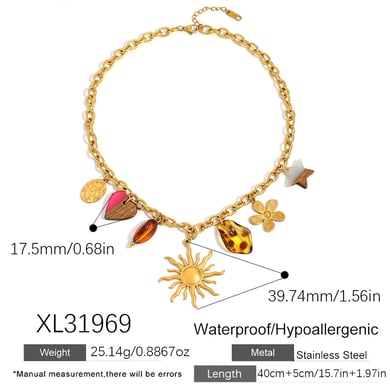 Collier avec pendentif en forme de cœur, de fleur, de soleil et d&#39;étoile en acier inoxydable pour femme h5 