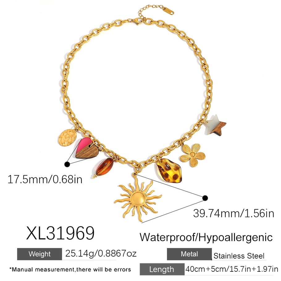 Collier avec pendentif en forme de cœur, de fleur, de soleil et d'étoile en acier inoxydable pour femme