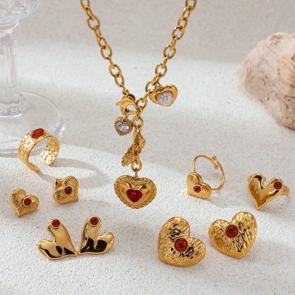 Heart Stainless Steel  Red Agate Necklaces Set 2
