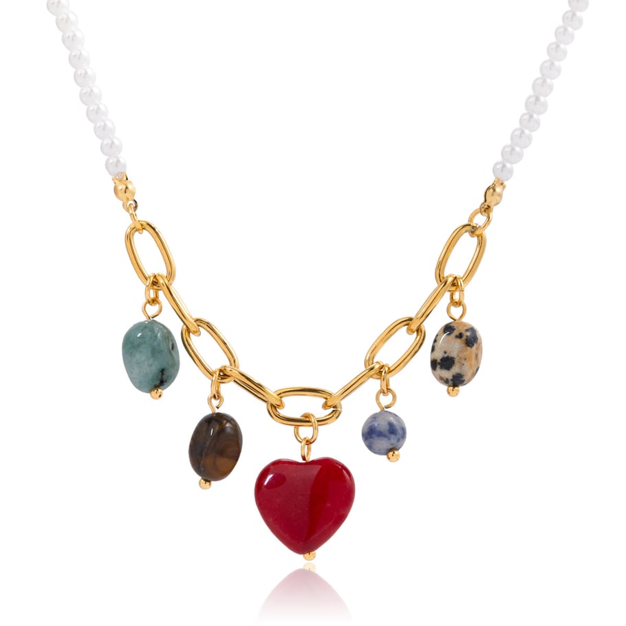 1 Stück glänzendes Herz Edelstahl Gold Farbe Naturstein Damen Anhänger Halsketten h5Bild5