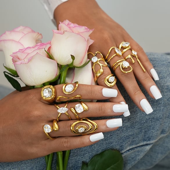 1 pezzo retrò forma irregolare in acciaio inossidabile color oro anelli da donna con pietre preziose 2