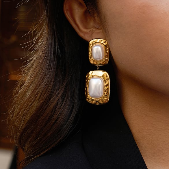 1 paio di splendidi orecchini pendenti rettangolari in acciaio inossidabile color oro da donna 2