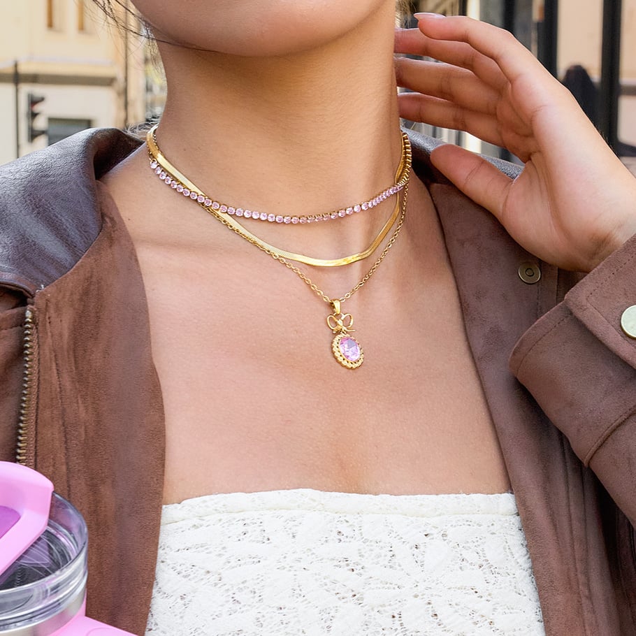 1 Piece Classic Circle Pink Zircon Stainless Steel Gold Color Women's Pendant Necklaces Picture3