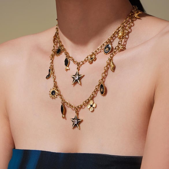 1 collar con colgante de estrella negra retro de acero inoxidable color dorado para mujer 2
