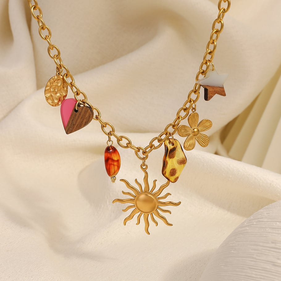 Collier avec pendentif en forme de cœur, de fleur, de soleil et d'étoile en acier inoxydable pour femme h5Image4