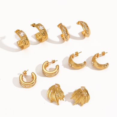 1 paio di orecchini a bottone in acciaio inossidabile color oro a forma di C h5 Immagine3