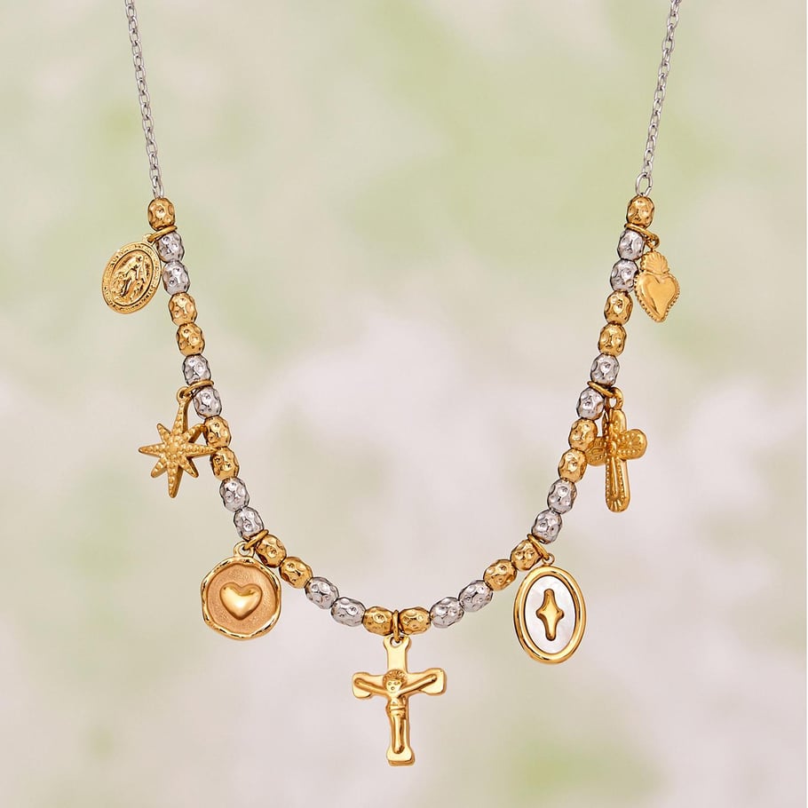 Parures de bijoux vintage en acier inoxydable pour femmes, couleurs mixtes or et argent, croix h5Image3