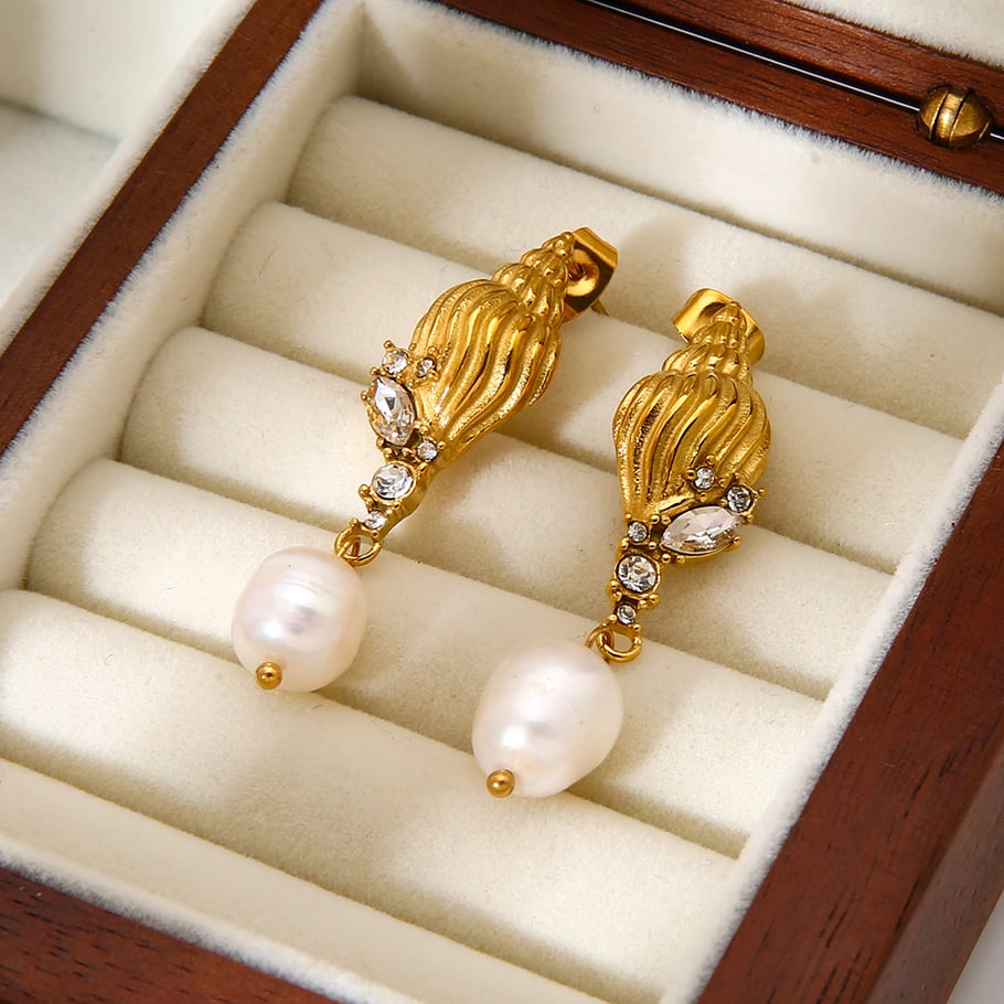 1 Pair Luxurious Retro Turtle Stainless Steel Gold Color Zircon Women's Dangle Earrings h5Picture5