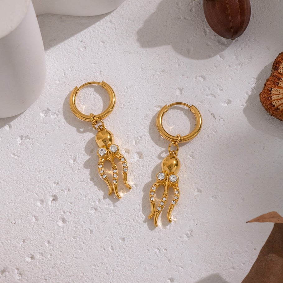 1 par de pendientes colgantes de circonita de color dorado de acero inoxidable con forma de pulpo h5Imagen3