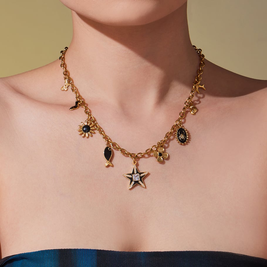 Collier avec pendentif étoile noire rétro en acier inoxydable couleur or pour femme, 1 pièce h5Image4