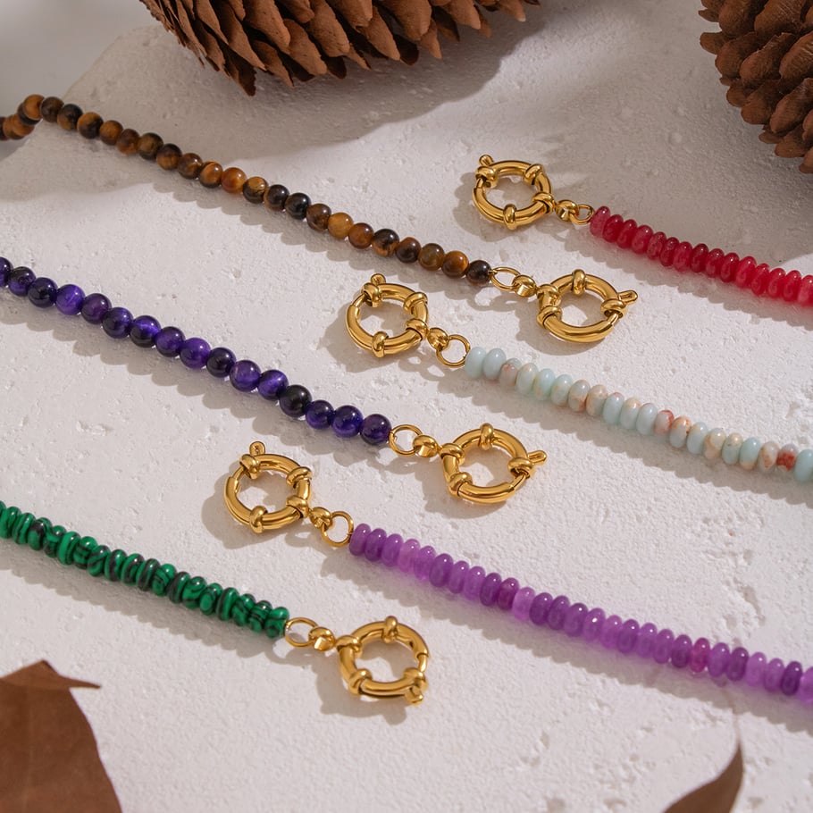 1 pieza de collar de cuentas de piedras naturales retro de color dorado para hacer tú mismo. Imagen2
