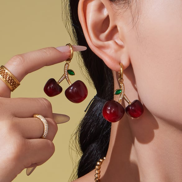 Parures de bijoux pour femmes en acier inoxydable et zircon couleur or Sweet Cherry