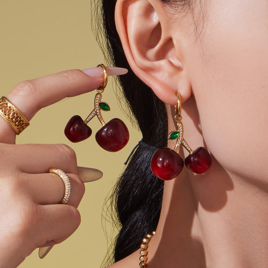 Parures de bijoux pour femmes en acier inoxydable et zircon couleur or Sweet Cherry h5Image2