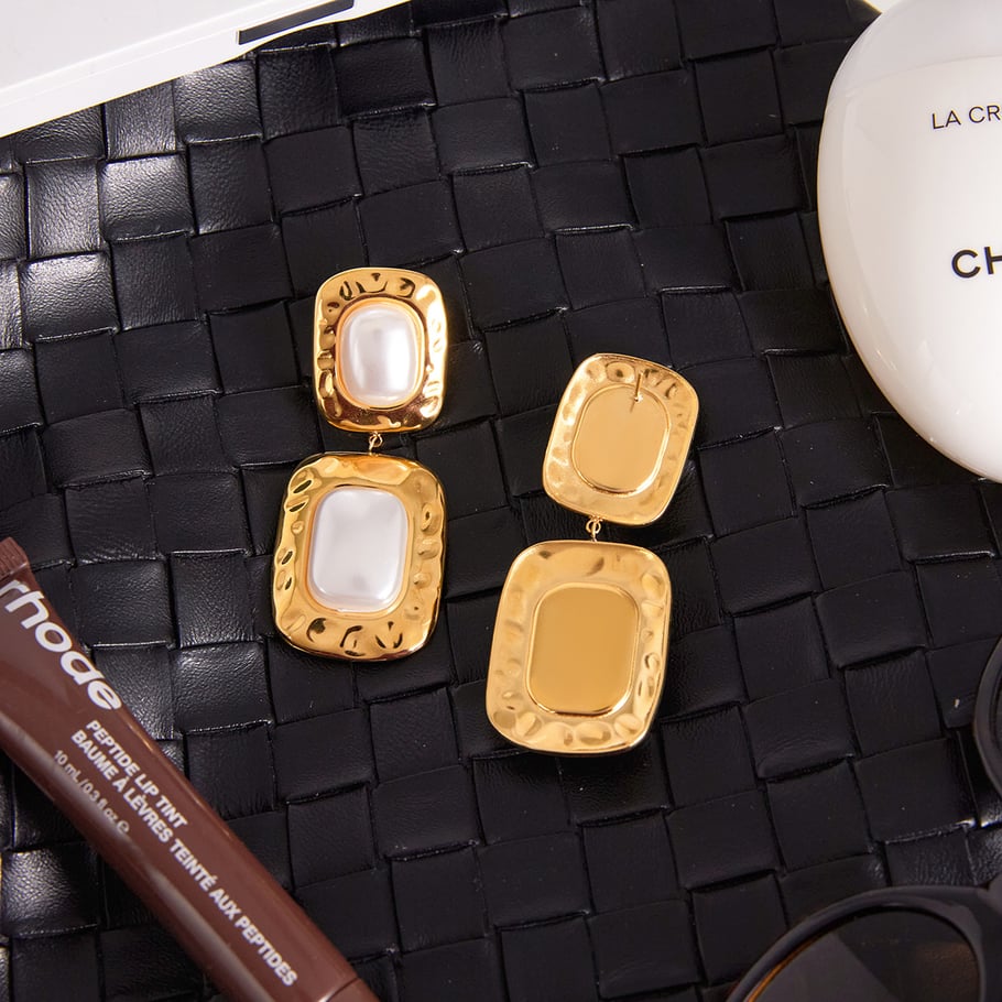 1 paio di splendidi orecchini pendenti rettangolari in acciaio inossidabile color oro da donna Immagine5