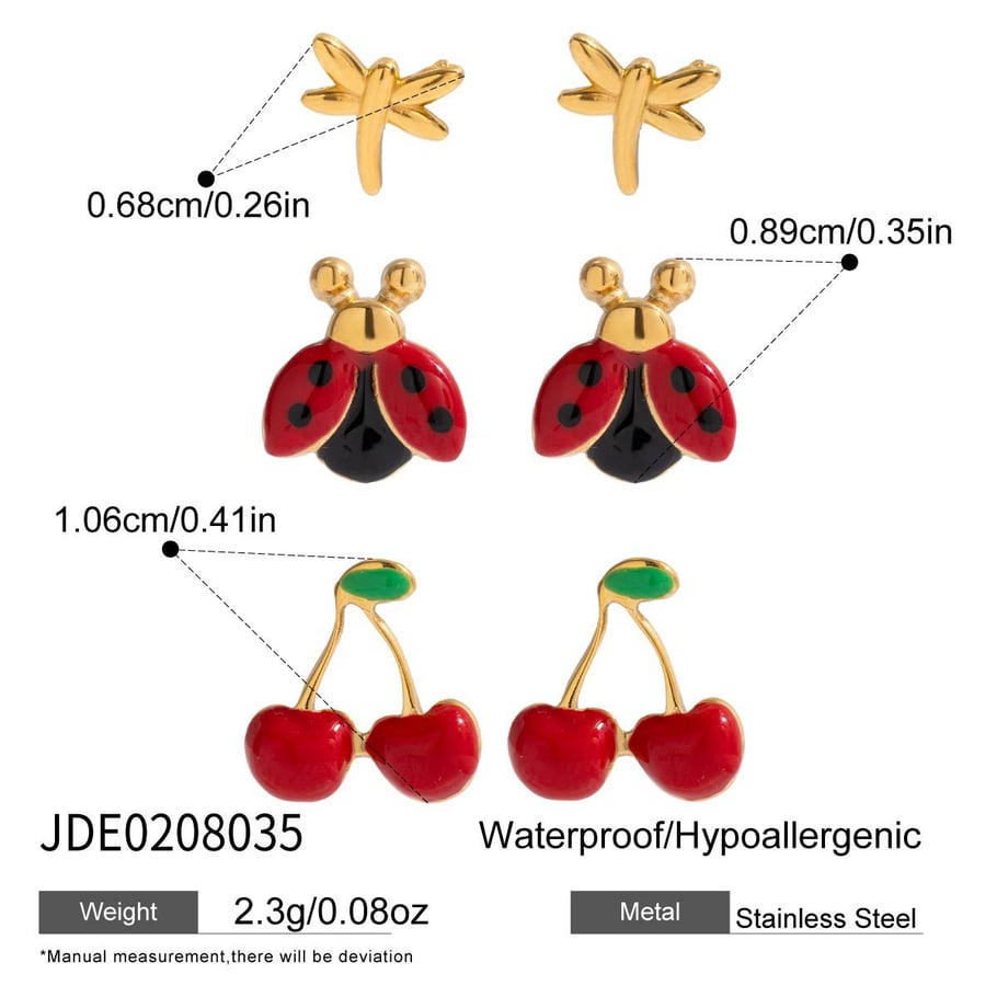 1 set di orecchini da donna in acciaio inossidabile color oro con ciliegia vivida Immagine2