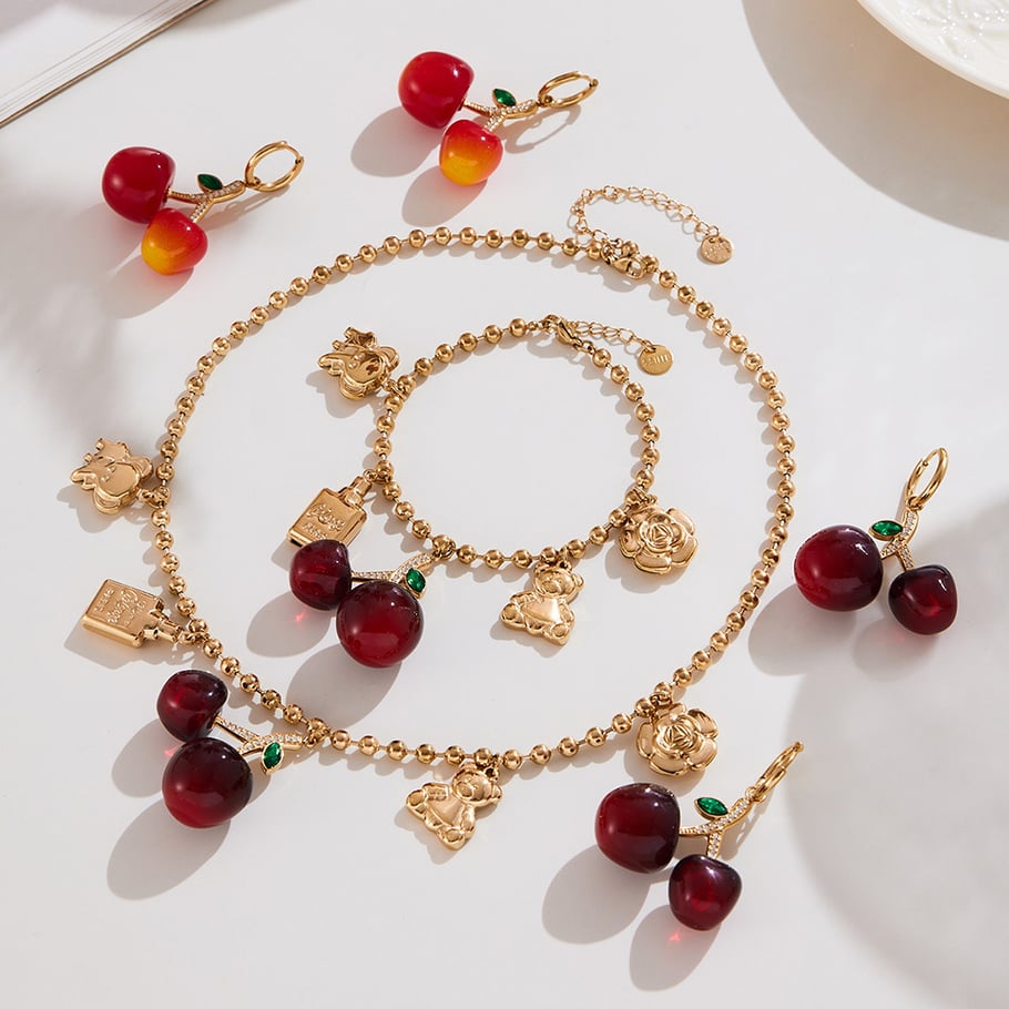 Parures de bijoux pour femmes en acier inoxydable et zircon couleur or Sweet Cherry h5Image4