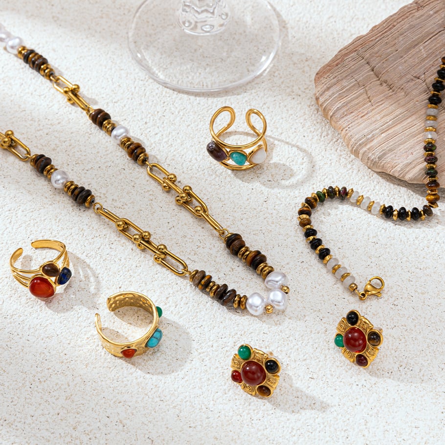 Natural Stone Beads Stainless Steel Pendant Necklaces Set h5Picture2