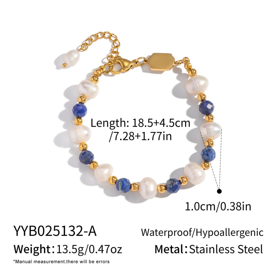 Pulsera elegante de acero inoxidable con cuentas de perlas y piedras naturales de 1 pieza