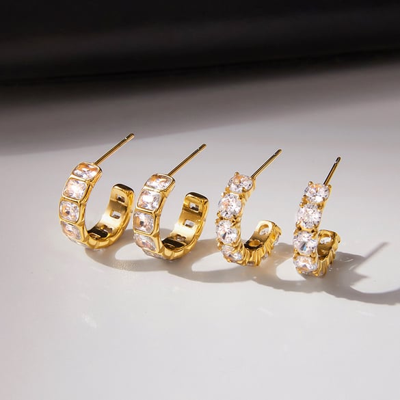1 Pair Luxurious Circle Stainless Steel Gold Color Zircon Women's Hoop Earrings 2
