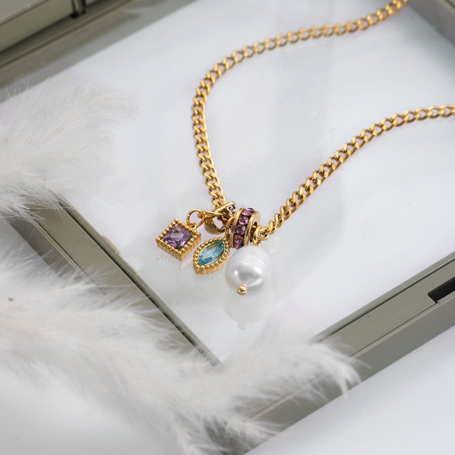 1 Piece Polychrome Rectangle Stainless Steel Gold Color Zircon Women's Pendant Necklaces Picture3