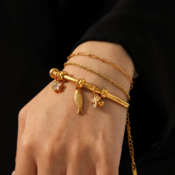 1 Piece Stainless Steel Gold Color Fish Pendant Bangle 2